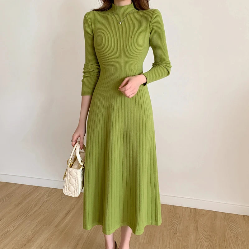 Aiertu Autumn Winter Long Sleeve Party Dress Women Button Knitted Mid-calf  Half High Collar Elegant Knitted Sweater Dresses Ladies Aiertu
