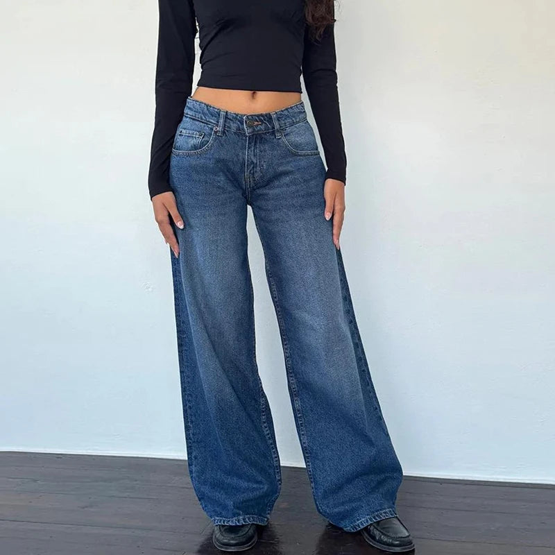 AIERTU  -  Women Y2K Low Rise Baggy Jeans Retro Aesthetic Loose Fit Boyfriend Straight Wide Leg Jeans Trendy Stretch Long Denim Pants Aiertu