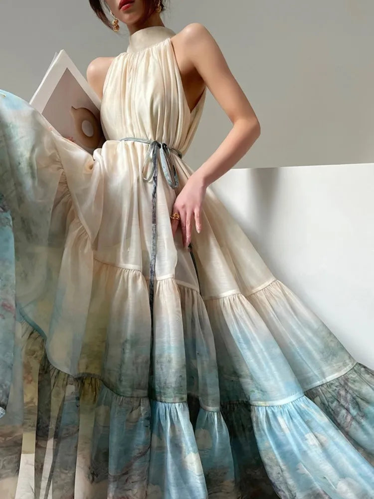Aiertu New Chinese Style Print Long Dresses for Women Summer Sleeveless Halter Loose A-line Evening Party Dress Prom Robe Vestidos Aiertu