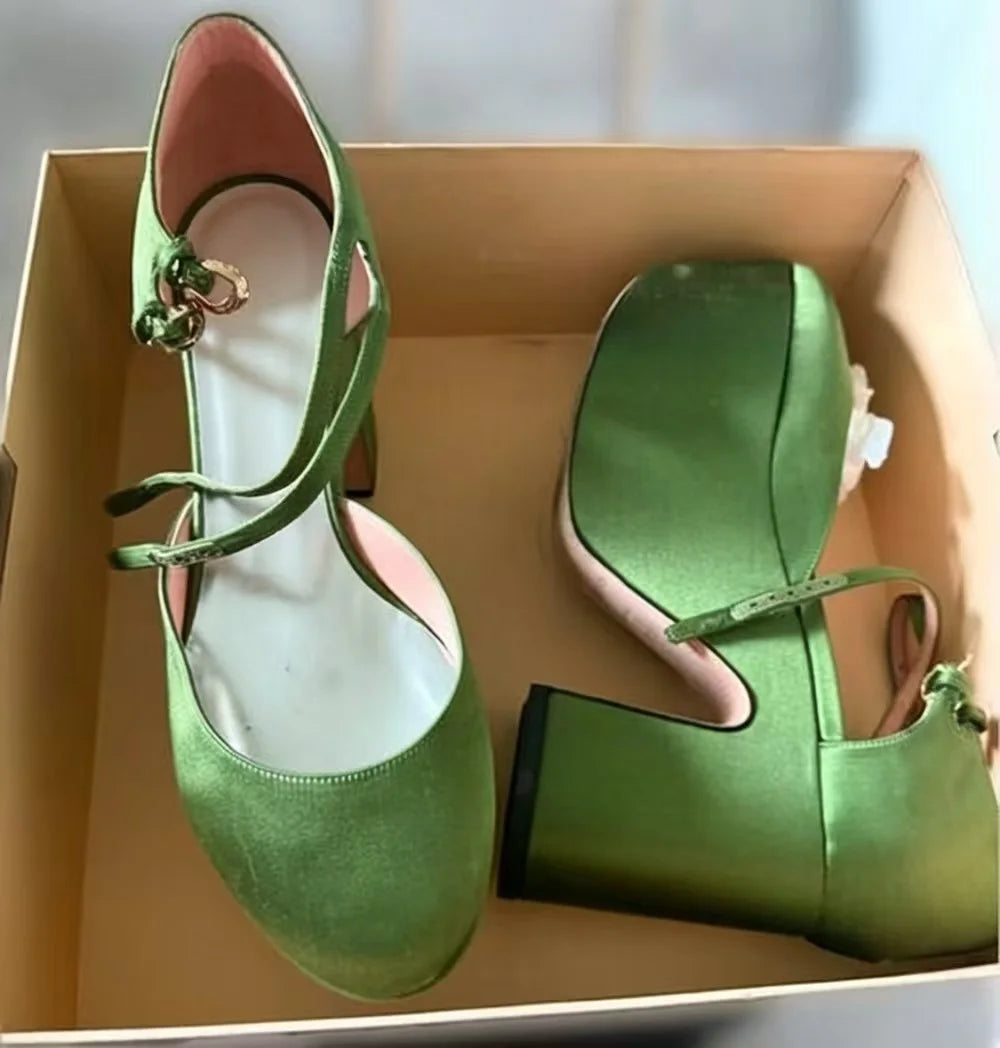AIERTU  -  Elegant Lady Wedding Shoes Retro Green Satin Platform Round-Toe Chunky Heels Shoes Gold Buckle Double Ankle Straps Design Aiertu