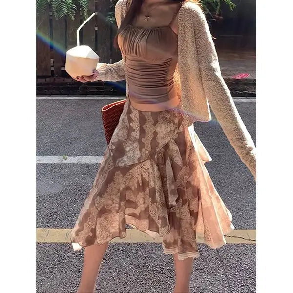 AIERTU  -  New Irregular Lace Splicing Hip Skirt Retro Versatile High Waist Hip Cover Mid-length Skirt Aiertu