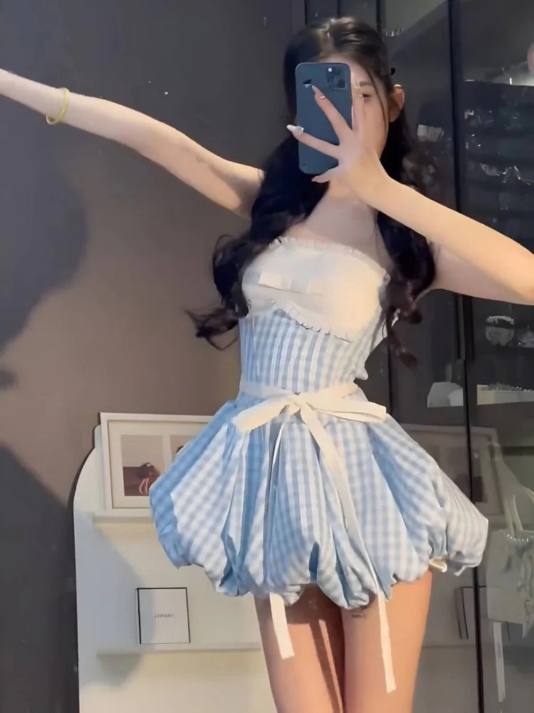 AIERTU  -  Blue Gingham Halter Mini Dress Women Y2K Ruffle Bustier Puff Balloon Hem Party Dress Aiertu