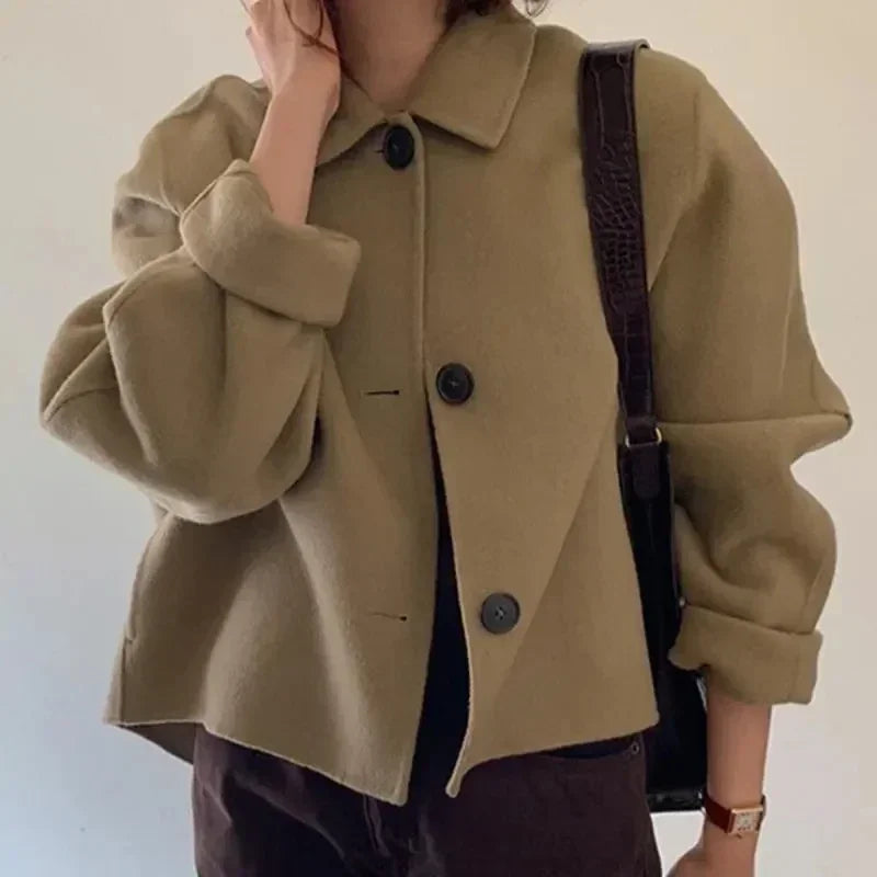 Aiertu Coat Women Wool Woolen Long Sleeve Overcoat Turn Down Collar Ladies Jacket Khaki Autumn Winter Short Woolen Top Korean Aiertu