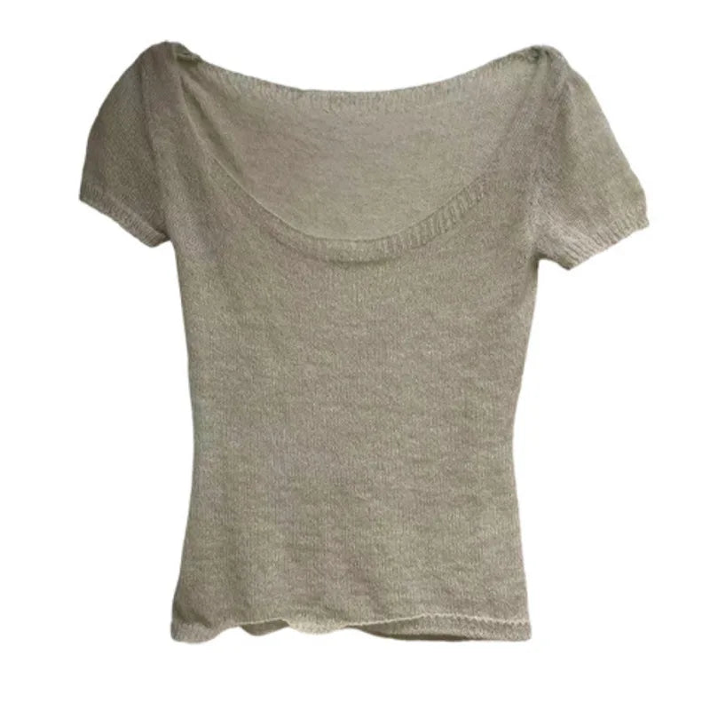 AIERTU  -  Knitted Short Sleeved T Shirt Women Transparent Sexy Thin Stretch Slim Fit Summer Solid Color Casual Street Fashion Daily Top Aiertu