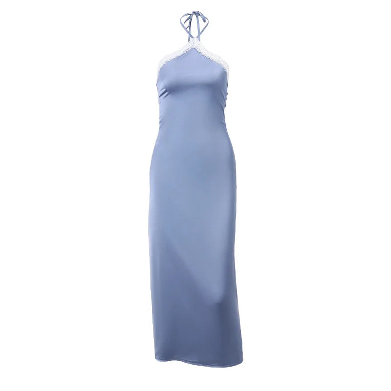 AIERTU  -  Elegant Square Shoulders Backless Splicing Satin Dress Women Slim Fit  Neck Hanging Midi Aiertu