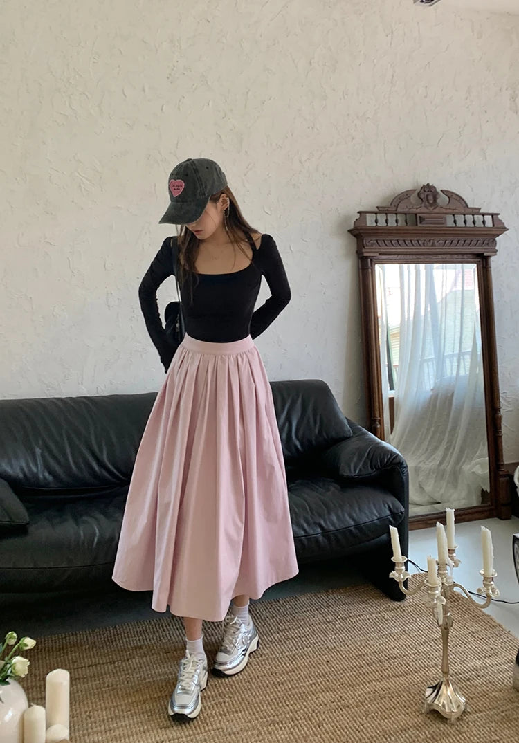 Aiertu Spring And Autumn New Fashion Women's Sweet Elegant High Waist Pleated Pink Zipper Half Length A-line Long Skirt Lady Sexy Party Aiertu