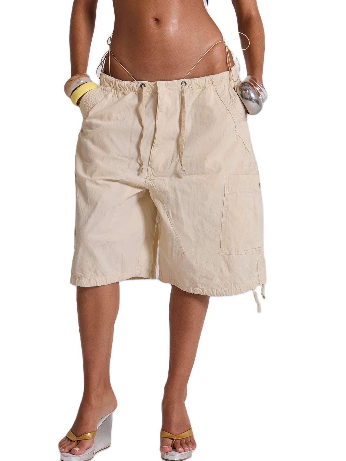AIERTU  -  Euramerican Safari Style Drawstring Half Pants Y2k All Match Side Pockets Design Casual Women Wide Trousers Stright Short Pants Aiertu