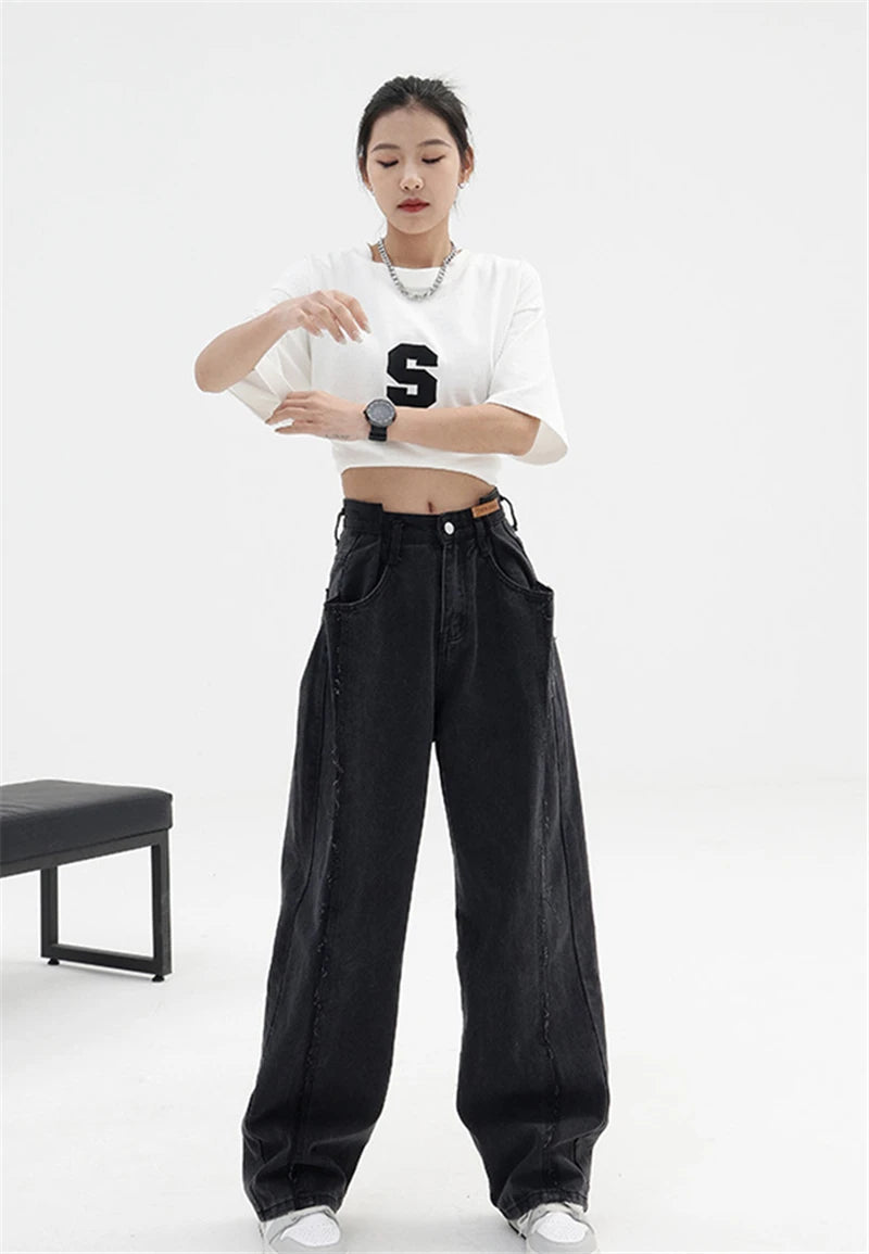 Aiertu 2024 Women Baggy  Long Jeans Harajuku Black Wide Leg Trousers Streetwear Vintage High Waist Denim Pants Big Pocket Y2k Feamle Aiertu