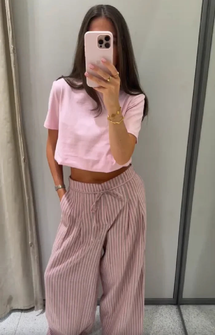 AIERTU  -  Striped Drawstring Wide Leg Pants Women High Waist Side Pocket Vertical Stripe Bottom Lady's Casual Outdoor Streetwear Trousers Aiertu