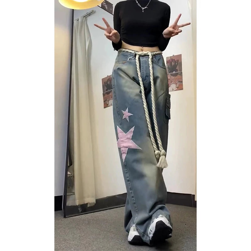 Aiertu Women Baggy Star Jeans Vintage Harajuku Oversize High Waist Denim Trouser Emo 2000s Y2k 90s Aesthetic Wide Pants Trashy Clothes Aiertu