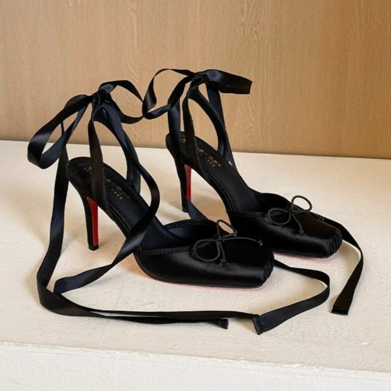 AIERTU  -  Satin Ankle Strap Ballet Style High Heels Women Square Toe Pumps Stiletto Heels Party Shoes Mules Elegant Designer Women Sandals Aiertu