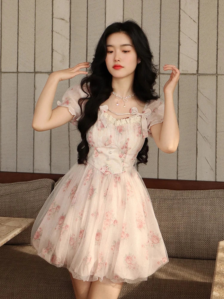 Aiertu Floral Sweet Fairy Bodycon Dresses for Women Elegant Party Print French Female Korean Fashion Cute Mini Dress Summer Pink Aiertu