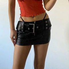 Aiertu Sexy Super Short Leather Skirt Punk Style PU Wide Belt Patchwork Low Rise Mini Skirts for Women Gothic y2k Aesthetic Chic Aiertu