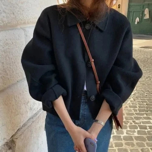 Aiertu Coat Women Wool Woolen Long Sleeve Overcoat Turn Down Collar Ladies Jacket Khaki Autumn Winter Short Woolen Top Korean Aiertu