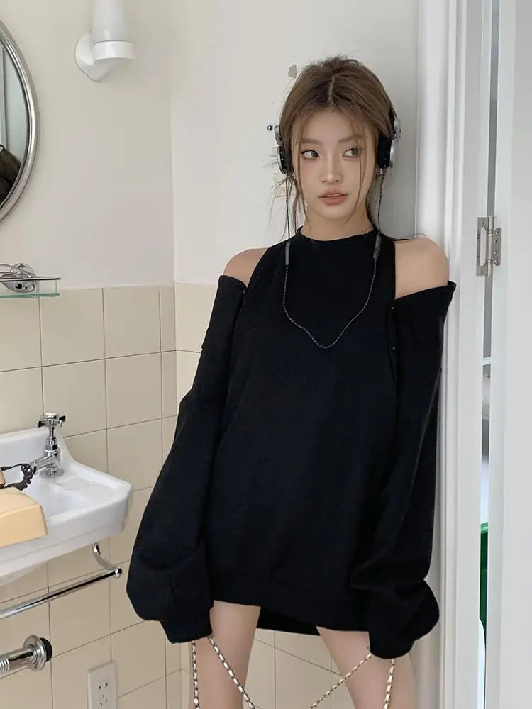 Aiertu Women Black Elegant Long Sleeve Button Off Shoulder T Shirt Casual For Spring Autumn Gray Round Neck Loose Pullover Tops Fashion Aiertu