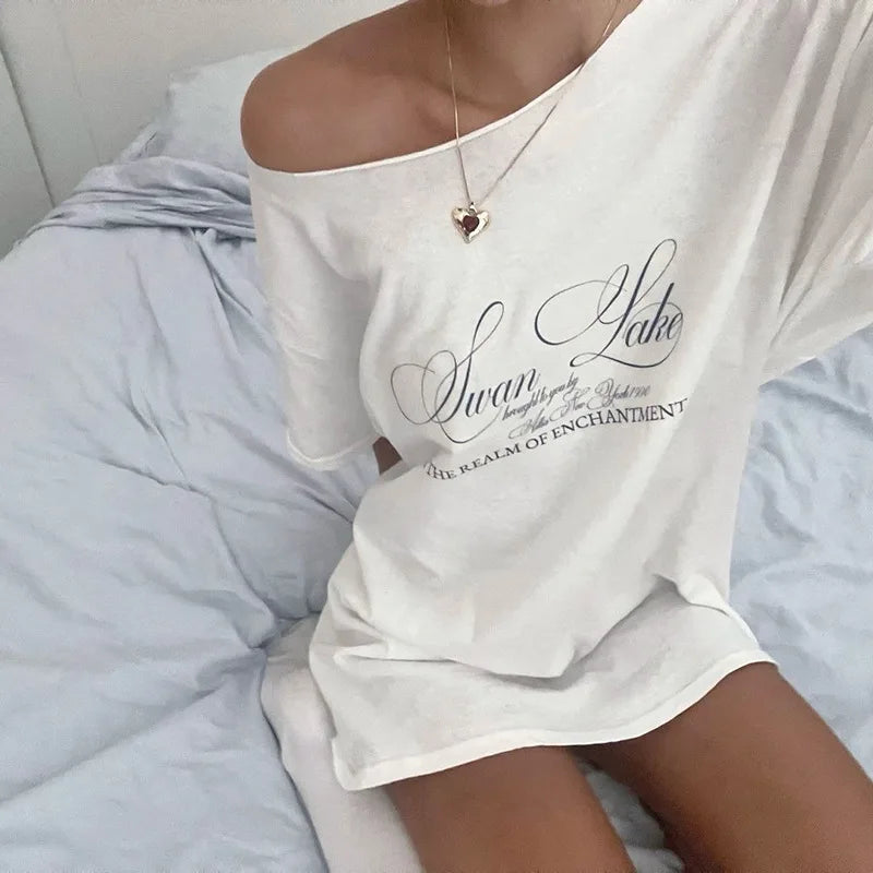 AIERTU  -  Women T-shirt Slanted Neck Loose Letter Print Pattern Solid Color Simple Fashion Daily Leisure Versatile Short Sleeve Top Aiertu