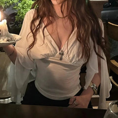 AIERTU  -  Mesh Deep V Neck T Shirt With Ribbon Sleeves Slim Fit Waist Cinching Pleated Top Women Sexy Fashionable Elegant Stylish Summer Aiertu