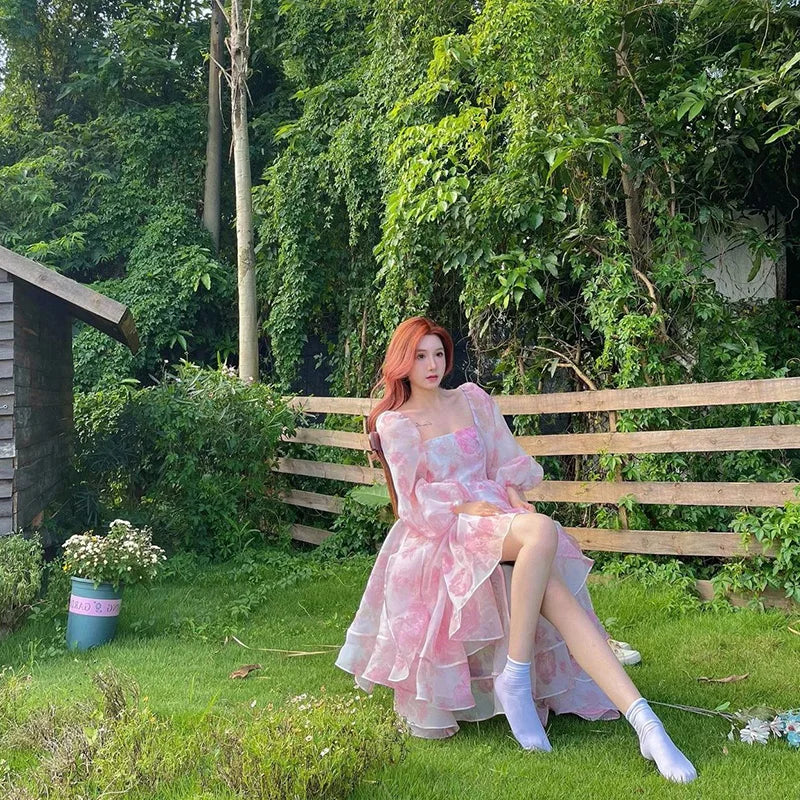 Aiertu Vintage Floral Sweet Midi Dress Women Irregular Elegant Puff Sleeve Fairy Dress Female Autumn Casual Beach Party Dress Chic Aiertu