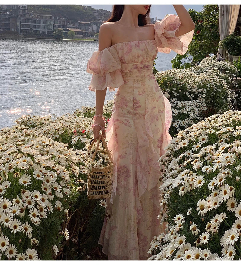 Aiertu Women Summer Fashion Floral Goblincore Ruffles Slim Party Midi Dresses Lady Skinny Fairy  Dress Aiertu