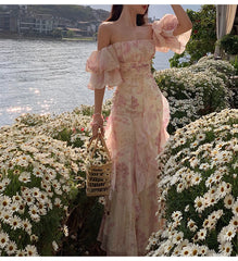 Aiertu Women Summer Fashion Floral Goblincore Ruffles Slim Party Midi Dresses Lady Skinny Fairy  Dress Aiertu