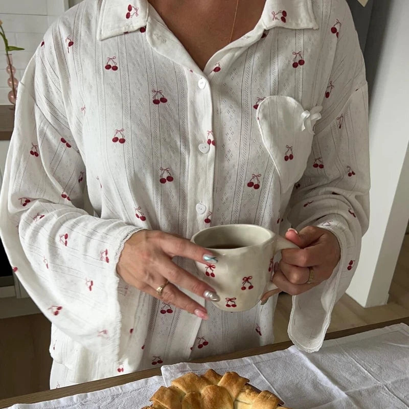 AIERTU  -  Cute Lounge Set Cherry Print Long Sleeve Button Down Blouse Tops Elastic Waist Pants 2 Piece Pajama Set Autumn Comfy Sleepwear Aiertu