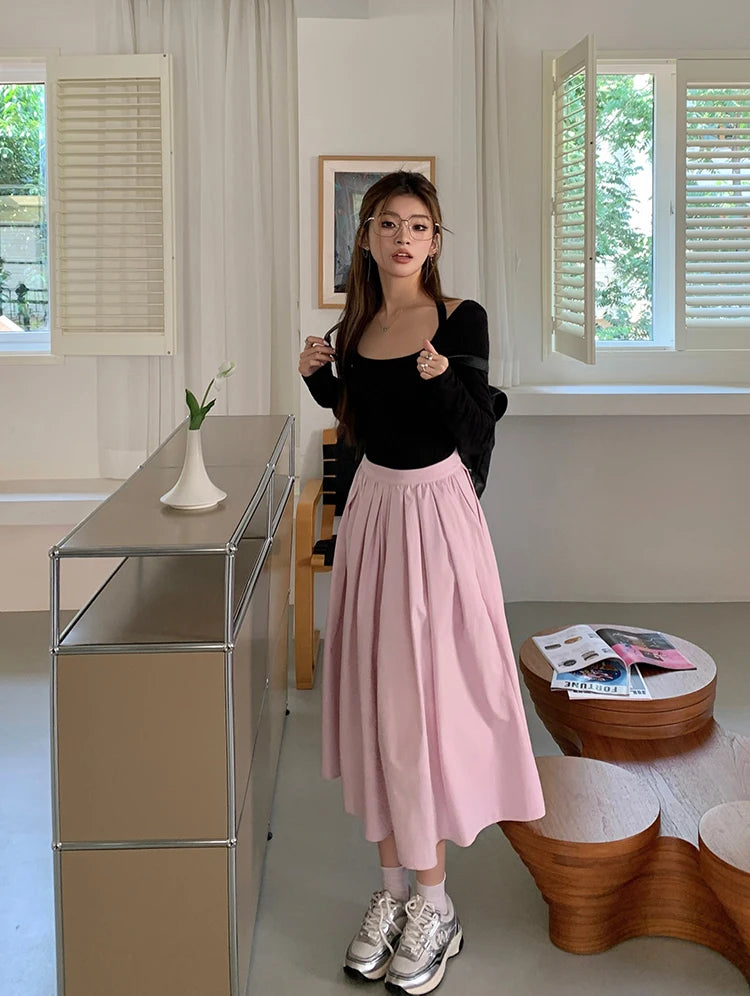 Aiertu Spring And Autumn New Fashion Women's Sweet Elegant High Waist Pleated Pink Zipper Half Length A-line Long Skirt Lady Sexy Party Aiertu