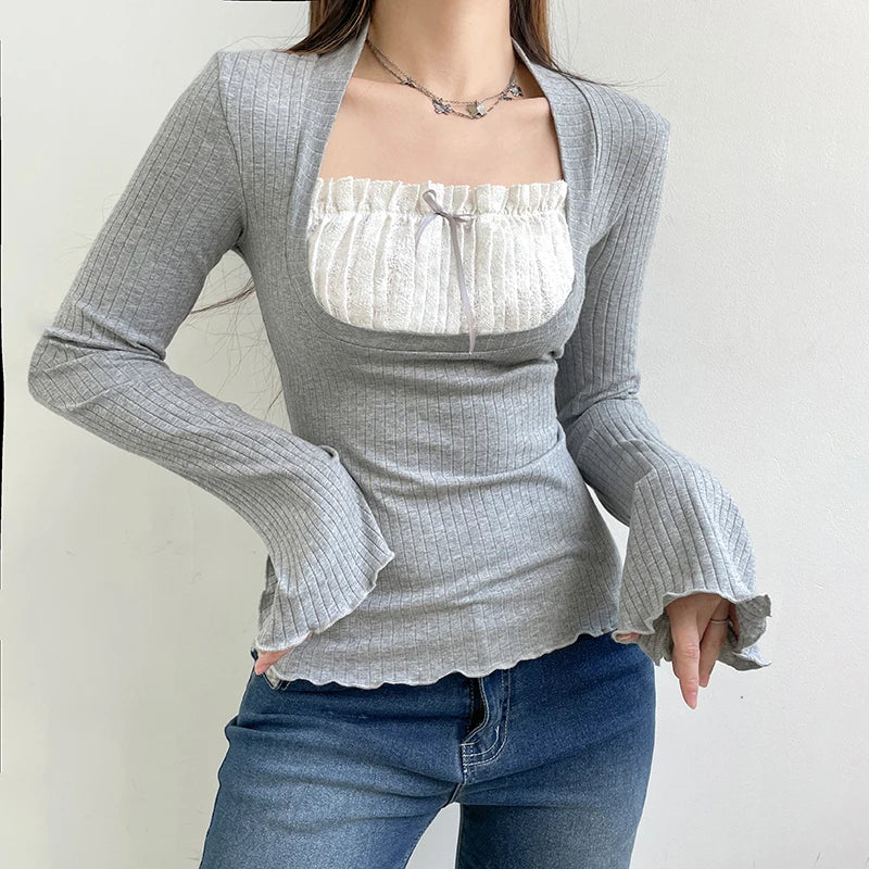 Aiertu  Cute Bow Stitched T-shirts Ladies Kawaii Folds Square Collar Full Sleeve Patchwork Fake Two-piece Crop Top Autumn Shirts Aiertu