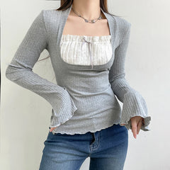 Aiertu  Cute Bow Stitched T-shirts Ladies Kawaii Folds Square Collar Full Sleeve Patchwork Fake Two-piece Crop Top Autumn Shirts Aiertu