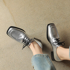 Aiertu NEW Spring/Autumn Women Shoes Square Toe Women Loafers Chunky Heel Shoes Split Leather Shoes for Women Retro Lace up Women Pumps Aiertu