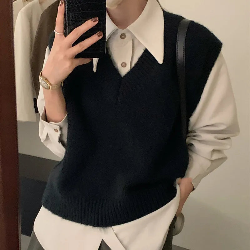 Aiertu Women Vintage Turn Down Collar Check Plaid Solid Knitting Sweater Female Casual Loose Vest Chic Pullovers Tops Aiertu