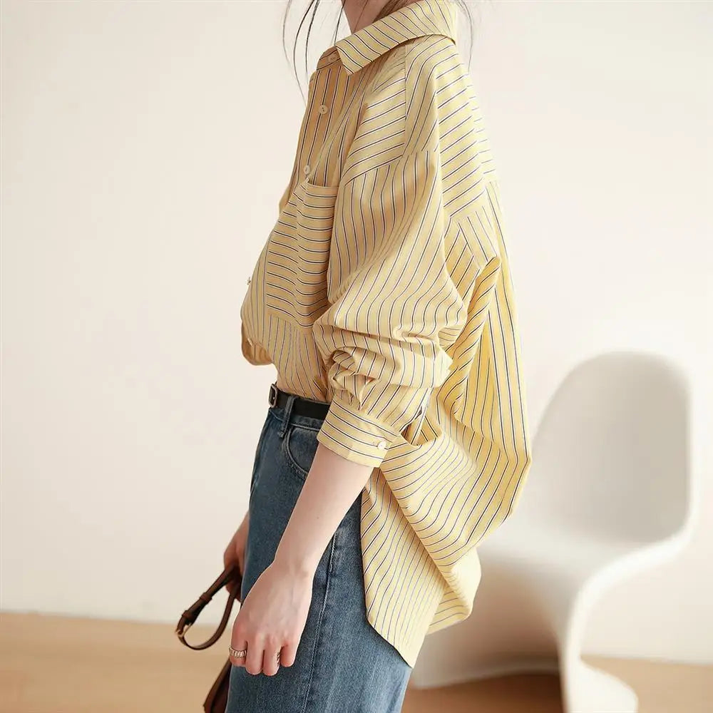 Aiertu Office Lady's Elegant Shirt Jacket Women's Loose Striped Long Sleeved Shirts And Blouses Summer Trend Korean Sweet Casual Top Aiertu