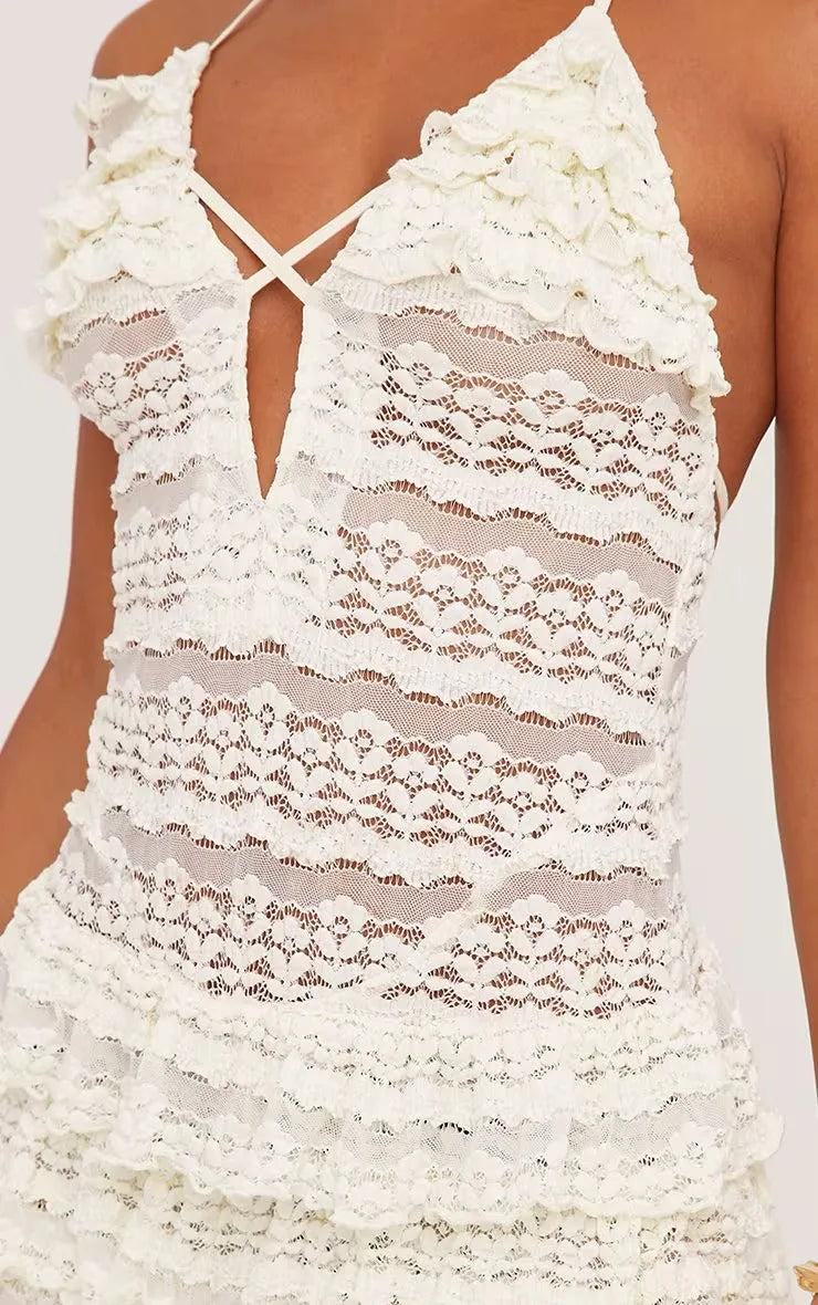 AIERTU  -  Sexy Lace White Hollow Summer Sweet Spicy Slim Pleated Tierred Halter Straps Sleeveless Beach Set Skirt Suit Mini Dress Female Aiertu