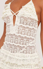 AIERTU  -  Sexy Lace White Hollow Summer Sweet Spicy Slim Pleated Tierred Halter Straps Sleeveless Beach Set Skirt Suit Mini Dress Female Aiertu