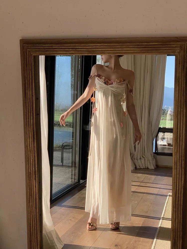 Aiertu Acetic Acid Suspender Jumpsuit For Women In Summer, High-End And Exquisite One Line Neckline Sleeveless Floral Dress In The Mist Aiertu