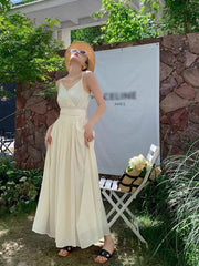 Aiertu Off White Suspender Dress For Women'S Summer 2024 New Design Sense V-Neck Sleeveless Waist Slimming Holiday Long Dress Aiertu