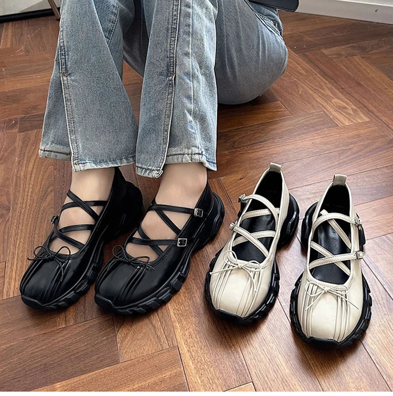 Aiertu Back  to school Summer Chunky Women Sports Shoes Fashion Shallow Butterfly-knot Platform Flat Shoes Ladies Casual Outdoor Mary Jane Shoes Aiertu