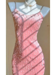 Aiertu Spring 2024 French Temperament Striped Sleeveless Backless Rhinestone Chain High Waist Slim-Fit Pink Sling Fairy Dress Women Aiertu