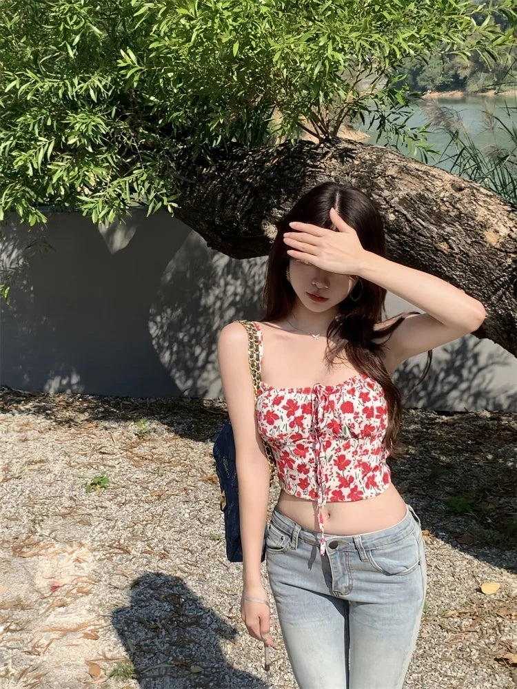 AIERTU  -  New Women Sweet Y2K Floral Print Crop Cami Top Backless Tie Up Sleeveless Slim Fit Summer Casual Outerwear & Innerwear Aiertu