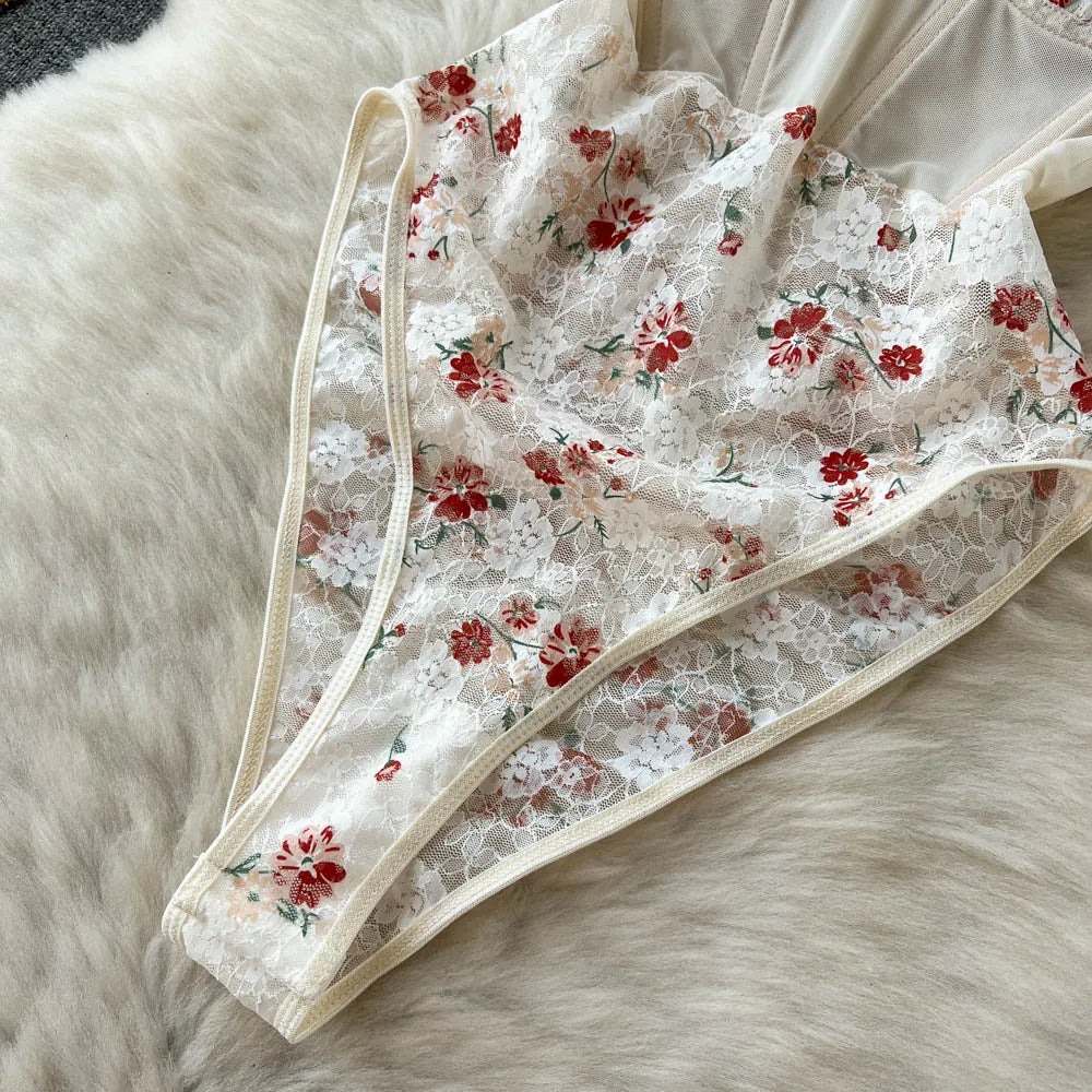 Aiertu Halter Hollow Out Sexy Bodysuits Summer Thin Backless Slim Inside Wear Women Fashion Lace Floral Short Playsuits Aiertu