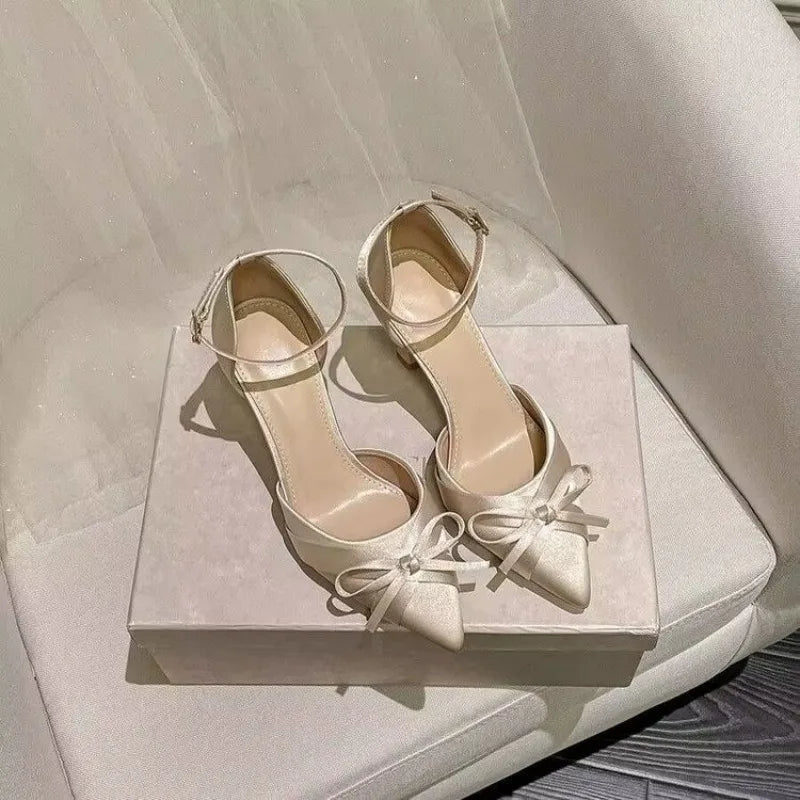 AIERTU  -  Women Pumps White Wedding Shoes Bride Luxury Satin Butterfly-knot Pointed Toe Adjustable Slingback Heels Elegant Women Heels Aiertu
