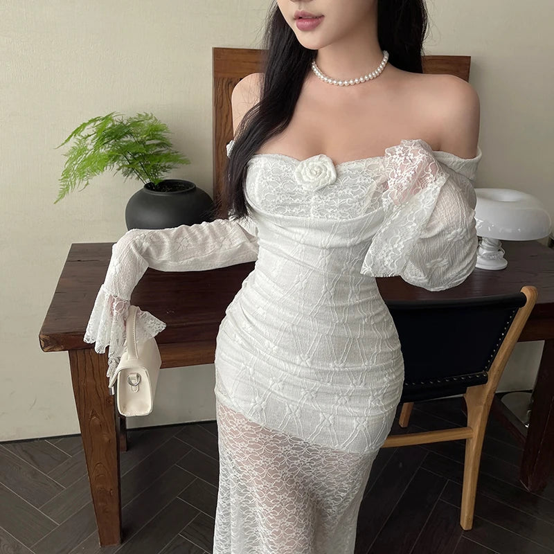 Aiertu Women's Elegant Dresses 2024 Spring New Pure Color Temperament Slim Fairy Style Lace Splicing Design Dresses Aiertu