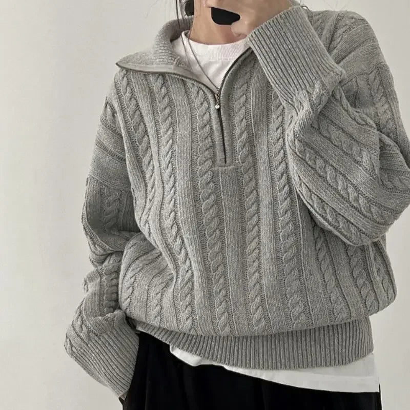 Korean Fashion Half Zipper Sweaters Women Vintage Twisted Knitted Crop Pullover Casual Sueter Mujer Long Sleeve Tops Aiertu