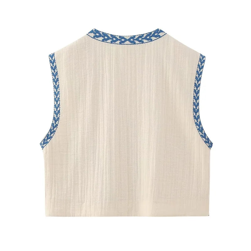 Aiertu Women Vintage Floral Embroidered Open WaistCoat Ladies National Style Vest Jacket Outfits Casual Vacation Crop Top Aiertu