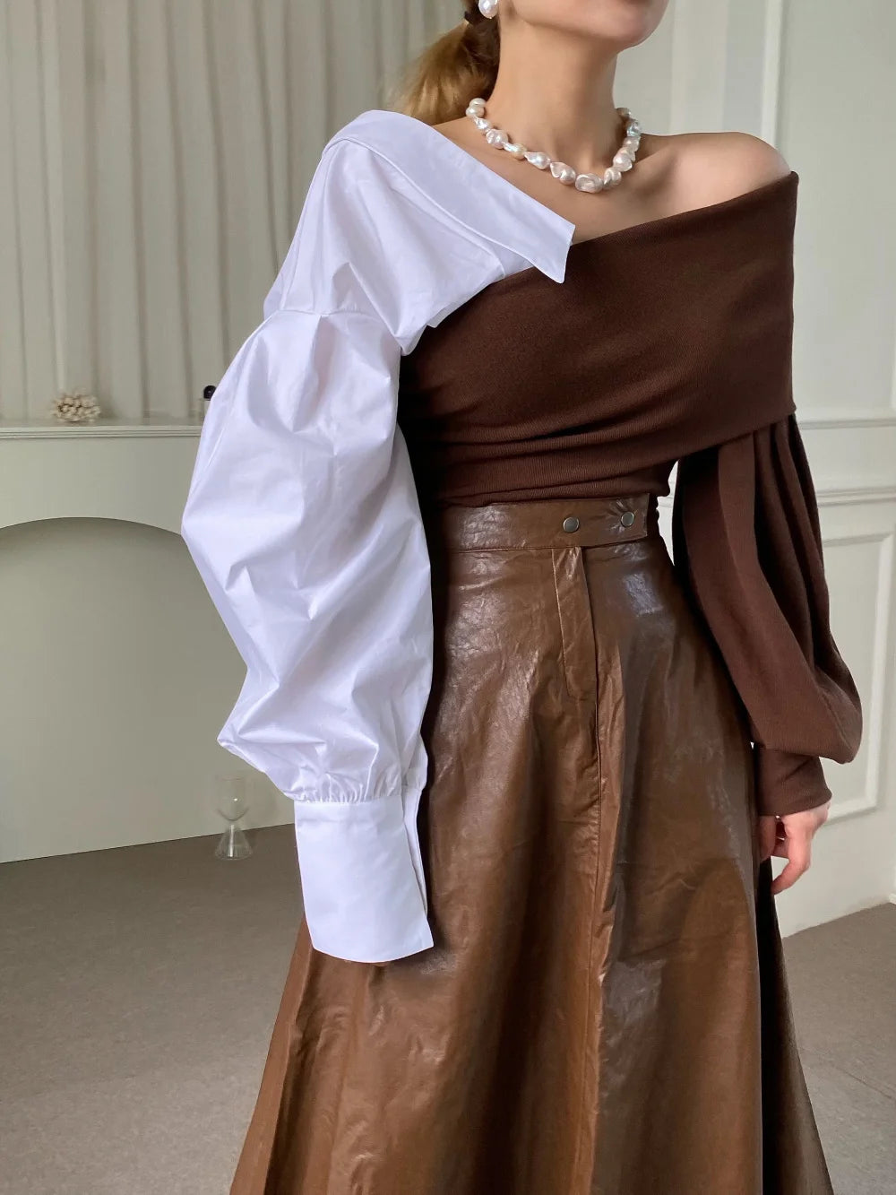 Aiertu V-neck Long Sleeve Contrasting Color Queen 2024 Spring new Loose Top Korean Chic Ladies Sweater Off-the-shoulder clothing Aiertu