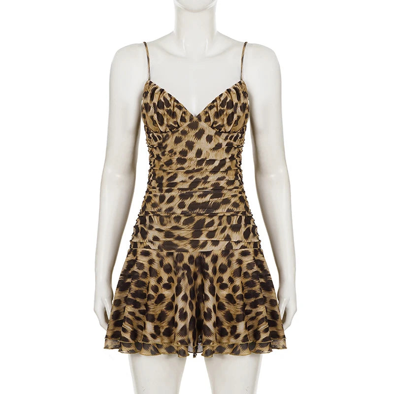 AIERTU  - Sexy Vintage Leopard Printed Spaghetti Strap V Neck Ruched A-line Mini Dress Y2k Summer Trendy Tight Fashion Vestidos Club Aiertu