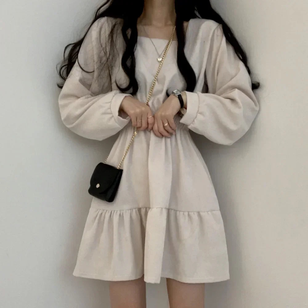 Aiertu  Vintage Mini Dress Women Sweet Retro Wrap Square Collar Long Sleeve Short Dresses Solid 3 Colors Preppy Style Clothes Aiertu