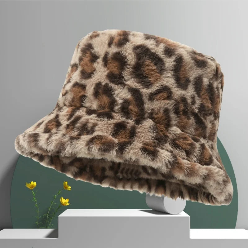 AIERTU  -  Leopard Print Faux Fur Bucket Hat Women Winter Warm Plush Fluffy Fisherman Cap Fashion Trendy Vintage Soft Cozy Wide Brim Hat Aiertu