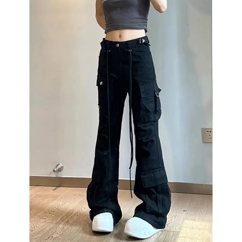 Aiertu Women Black Gothic Flare Jeans Harajuku Vintage Emo 2000s Y2k Baggy Denim Trousers Oversize Wide Cowboy Pants 90s Trashy Clothes Aiertu