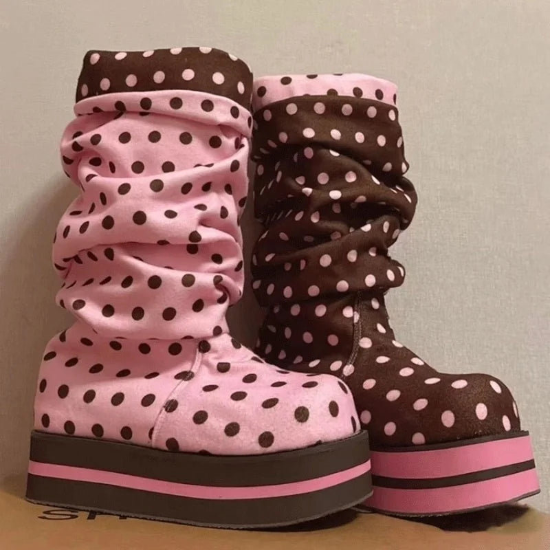 AIERTU  -  Chocolate Pink Polka Dot Thick Soled Pleated Middle Tube Pile Boots Cute Sweet Girl's Short Boots Women Shoes Aiertu