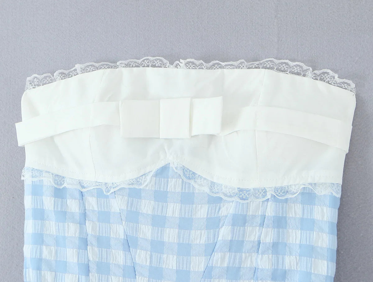 AIERTU  -  Blue Gingham Halter Mini Dress Women Y2K Ruffle Bustier Puff Balloon Hem Party Dress Aiertu